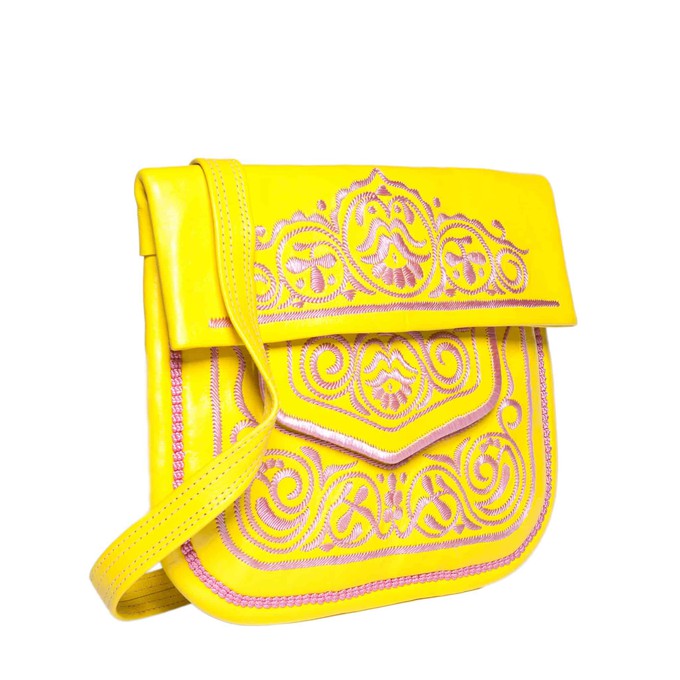 Embroidered Leather Berber Bag in Yellow, Rosé from Abury