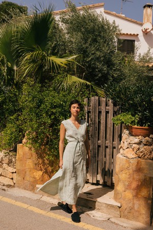 AURORA mid-length linen dress in Sage Green from AmourLinen