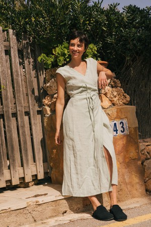 Aurora mid-length linen dress S Sage Green from AmourLinen