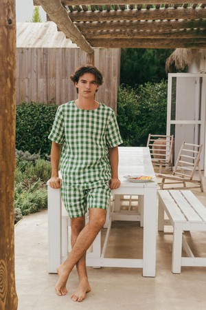 Linen shorts pyjama set BILLY in Green Gingham from AmourLinen