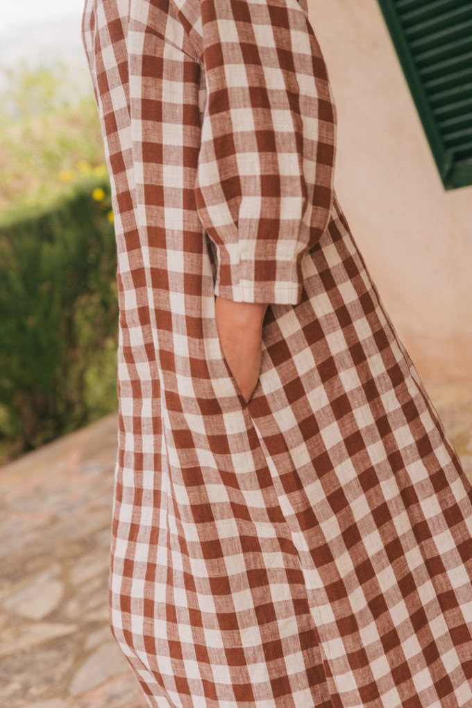 Amalia long-length linen dress M Mocha Gingham from AmourLinen