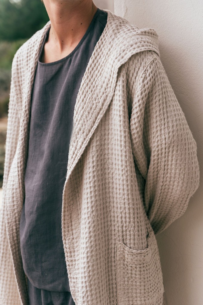 Men's waffle linen bathrobe in Cream from AmourLinen