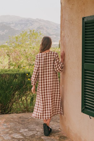 Amalia long-length linen dress M Mocha Gingham from AmourLinen