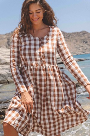 Lapland mid-length linen dress in Mocha Gingham from AmourLinen