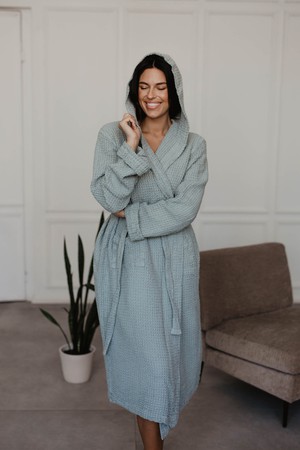 Waffle linen bathrobe Snuggle - Sage Green / Size 1 from AmourLinen