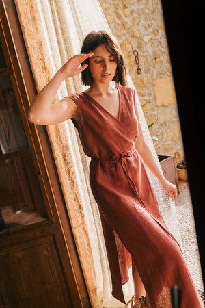 Aurora mid-length linen dress L Terracotta from AmourLinen