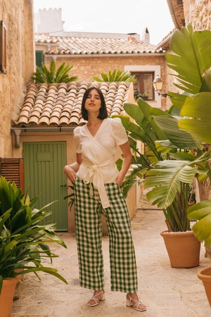 BARBORA straight linen pants in Green Gingham from AmourLinen