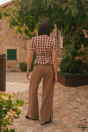 Elisa wrap linen top S Mocha Gingham from AmourLinen