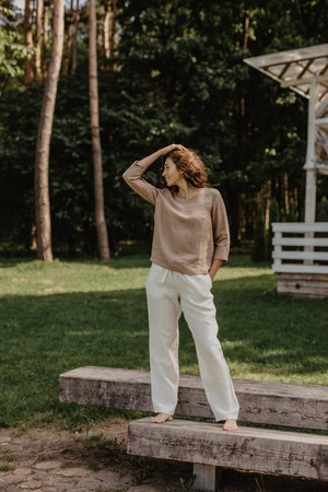 Riga linen top 3/4 sleeves S Rosy Brown from AmourLinen