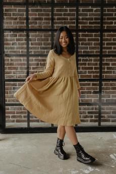 Lapland mid-length linen dress in Mustard via AmourLinen