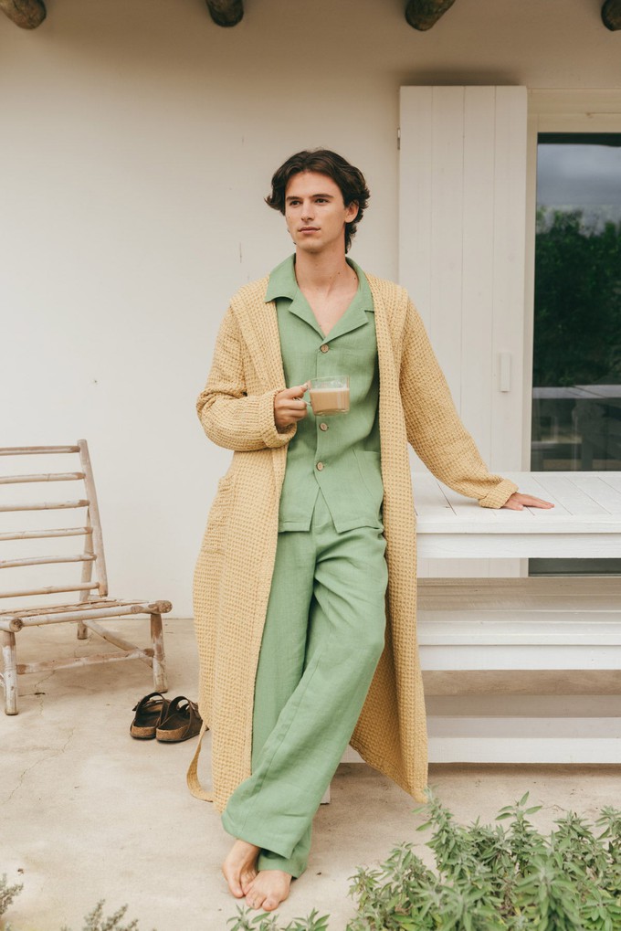 Men's waffle linen bathrobe in Mustard from AmourLinen