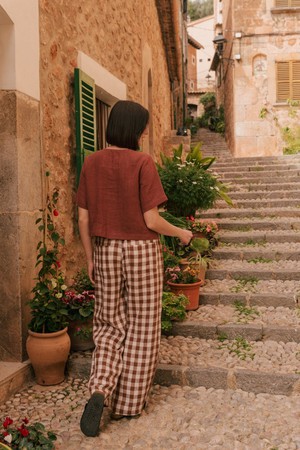 BARBORA straight linen pants in Mocha Gingham from AmourLinen