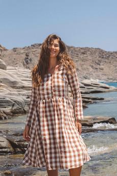 Lapland mid-length linen dress in Mocha Gingham via AmourLinen