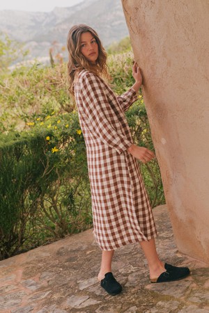 AMALIA long-length linen dress in Mocha Gingham from AmourLinen