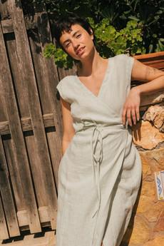 AURORA mid-length linen dress in Sage Green via AmourLinen