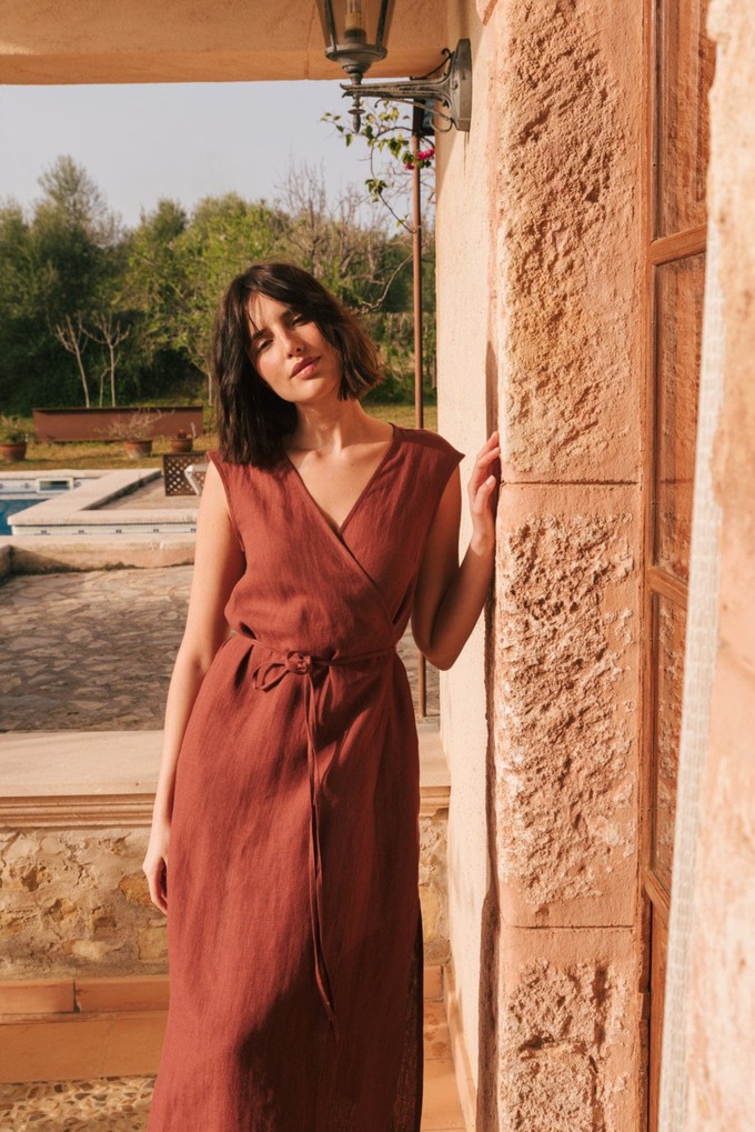 AURORA mid-length linen dress in Terracotta from AmourLinen