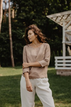 RIGA linen top 3/4 sleeves in Rosy Brown from AmourLinen