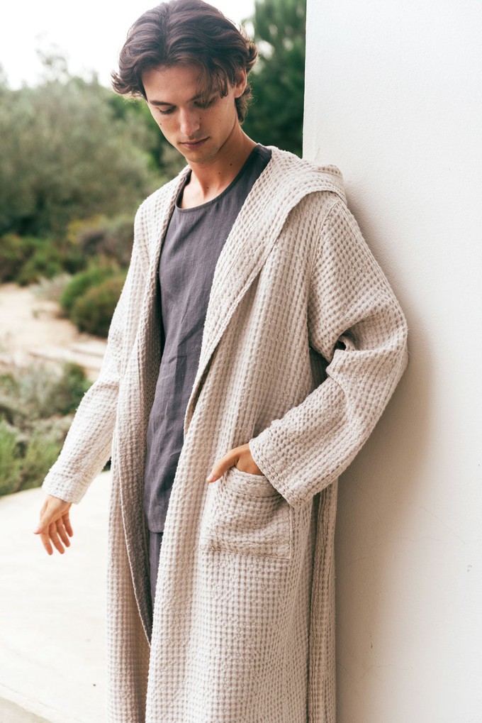 Men's waffle linen bathrobe in Cream from AmourLinen