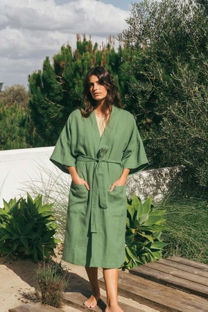 Linen bathrobe MIDNIGHT in Matcha Green from AmourLinen