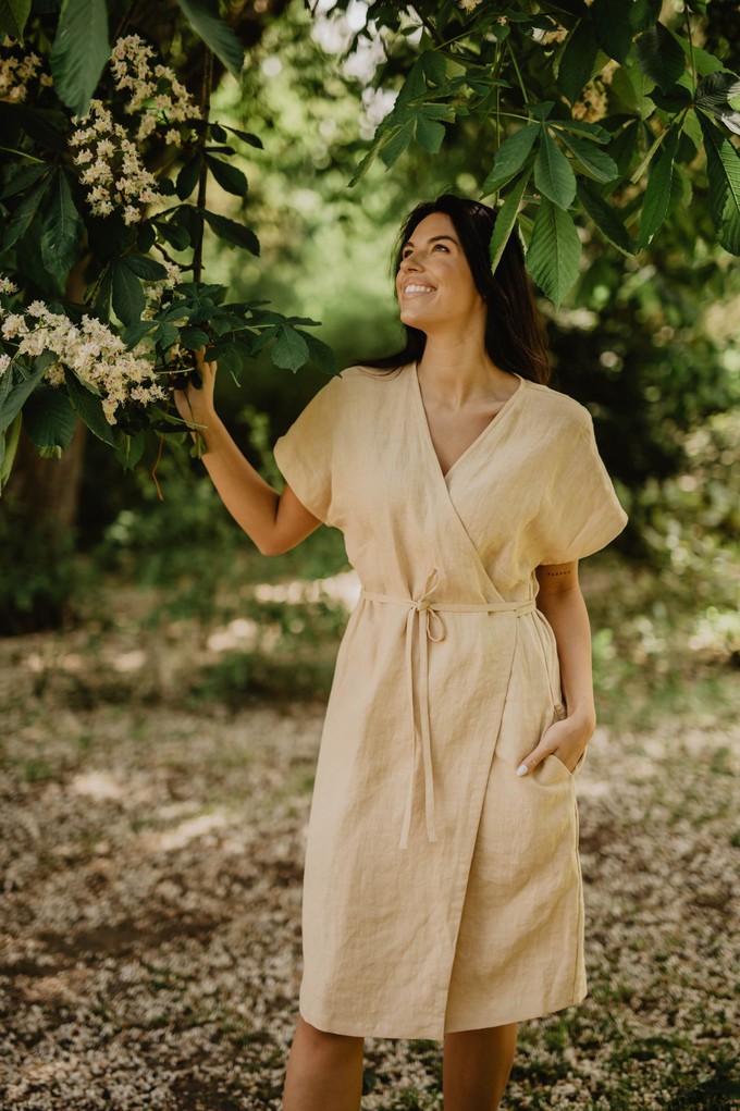 Linen wrap dress OLIVIA in Mustard from AmourLinen