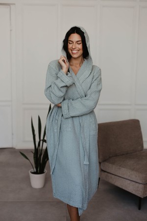 Waffle linen bathrobe Snuggle - Sage Green / Size 2 from AmourLinen