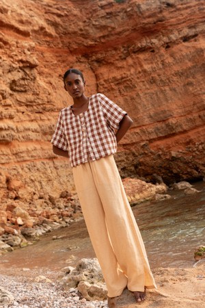 LEAH wide linen pants with slits in Mustard from AmourLinen