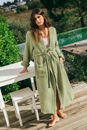 Waffle linen bathrobe SNUGGLE in Moss Green from AmourLinen