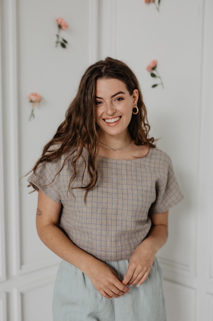 Linen crop top with buttons LISA S Checkered from AmourLinen