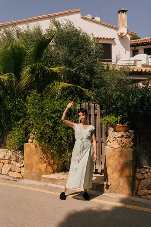 AURORA mid-length linen dress in Sage Green from AmourLinen