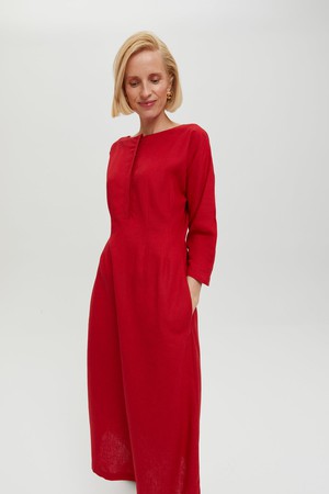 Lusin | Midi Linen Dress with Button-Front in Red from AYANI