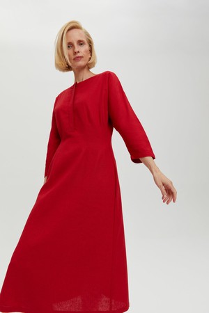 Lusin | Midi Linen Dress with Button-Front in Red from AYANI