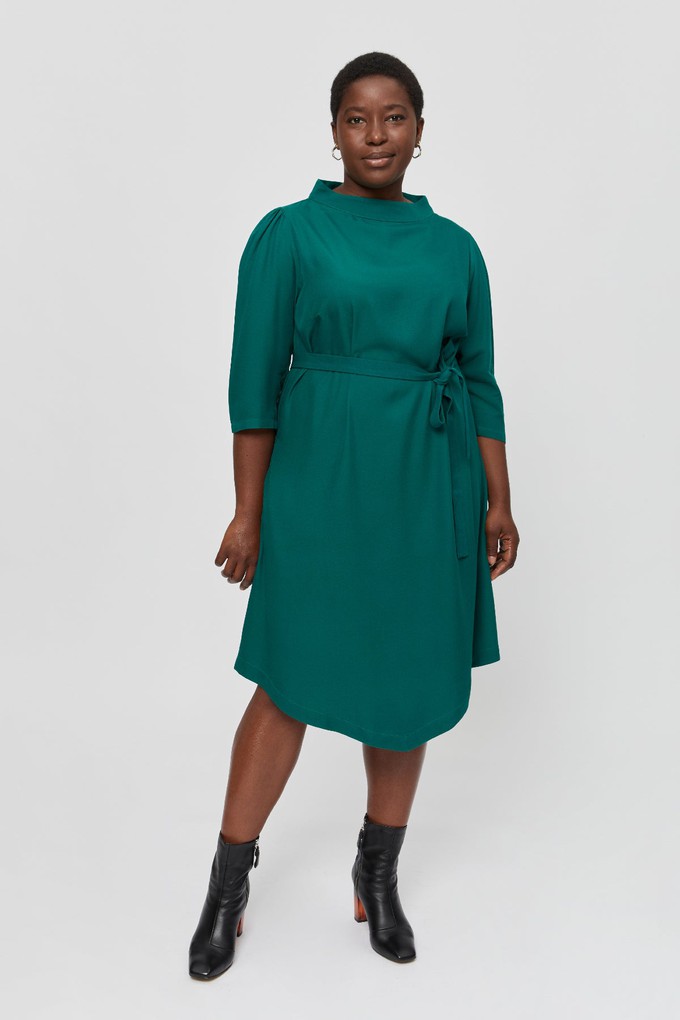 Suzi | Belted Angle Dress with Boat Neckline in Emerald Green from AYANI