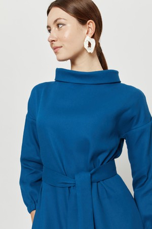 Amalia | Midi Winter Dress with High Rounded Neckline in Petrol-Blue from AYANI