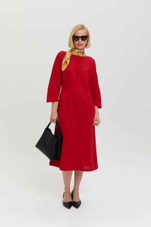 Lusin | Midi Linen Dress with Button-Front in Red from AYANI