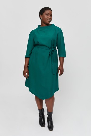 Suzi | Belted Angle Dress with Boat Neckline in Emerald Green from AYANI