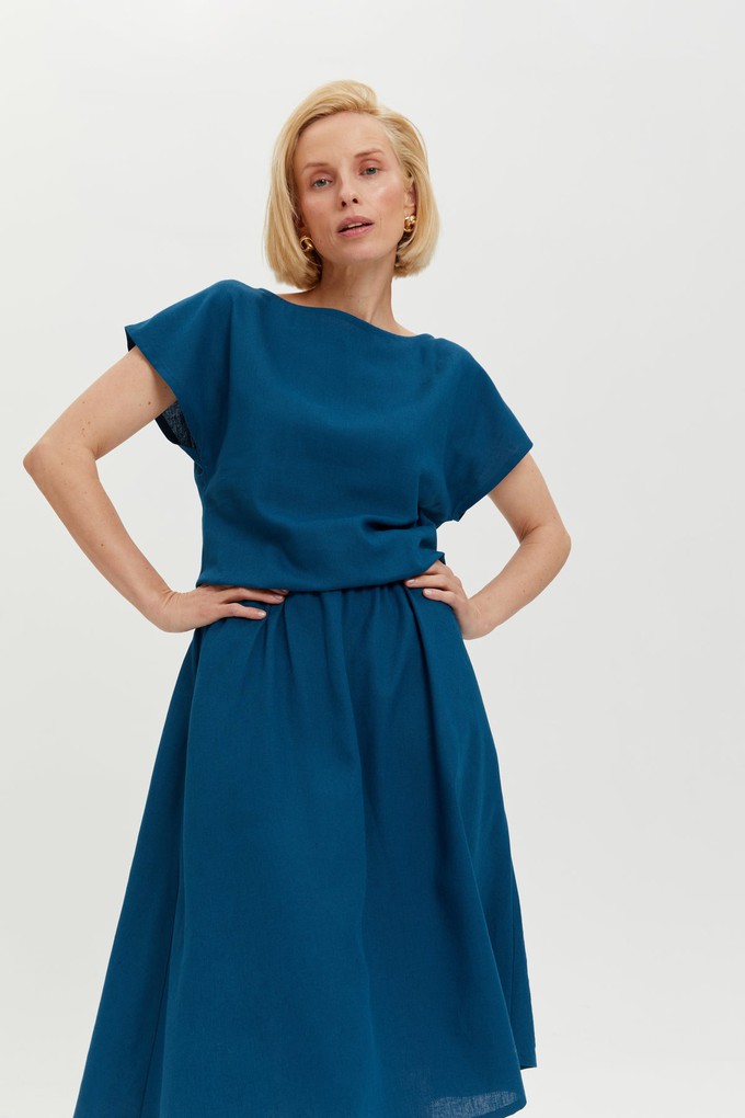 Nane | Linen Dress with Short Sleeves in Petrol-Blue from AYANI