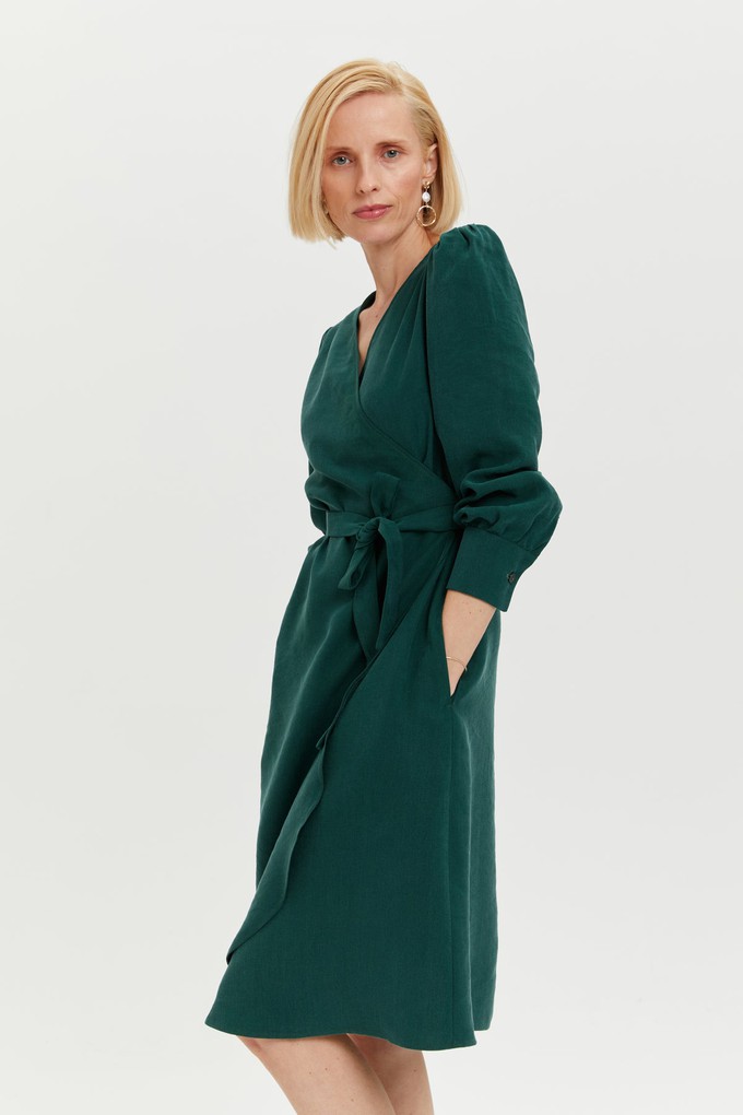 Sophie | Classy Wrap Dress with Puff Sleeves and Tie Waist in Forest Green from AYANI