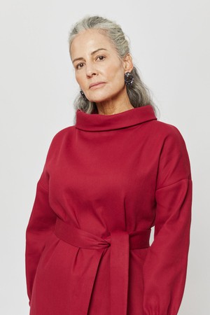 Amalia | Midi Winter Dress with High Rounded Neckline in Red-Bordo from AYANI