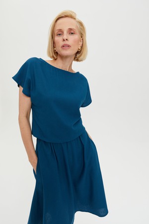 Nane | Linen Dress with Short Sleeves in Petrol-Blue from AYANI