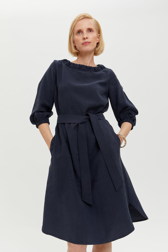 Celine | Elegant Belted Dress with Neckline Element in Dark Blue from AYANI