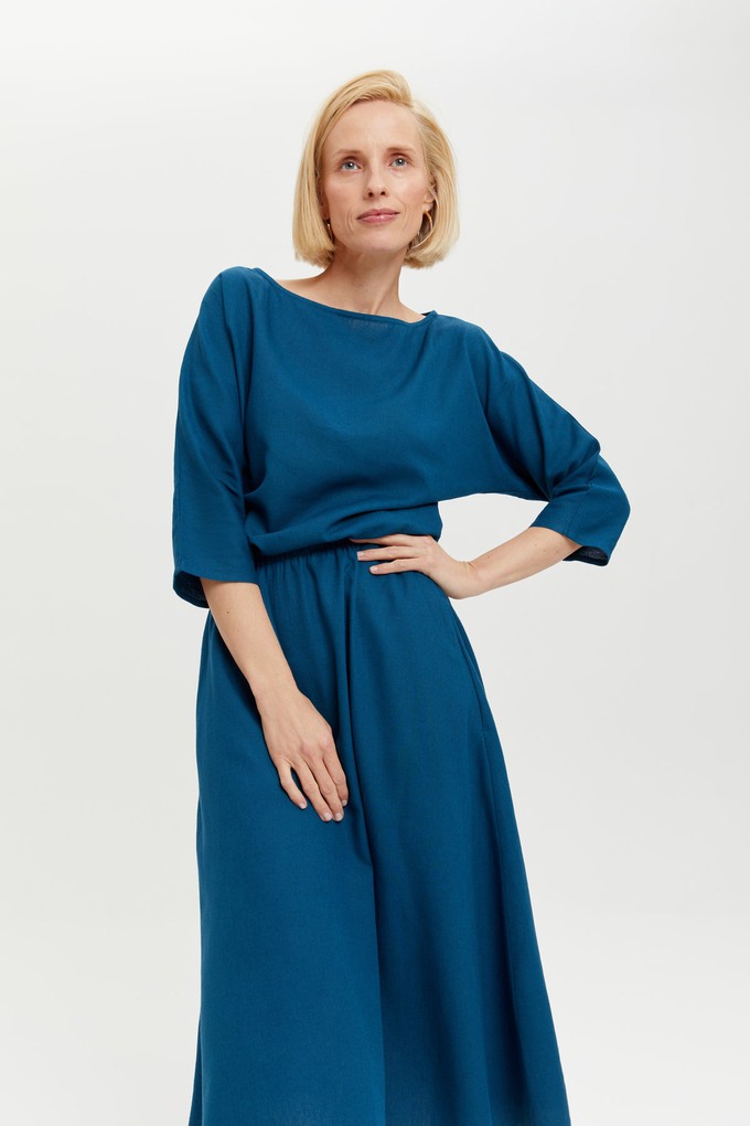 Nane | Linen Dress with 3/4 Sleeves in Petrol-Blue from AYANI