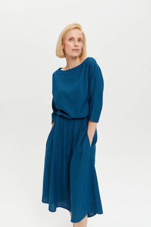 Nane | Linen Dress with 3/4 Sleeves in Petrol-Blue from AYANI