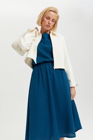 Nane | Linen Dress with Short Sleeves in Petrol-Blue from AYANI