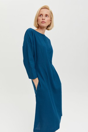 Lusin | Midi Linen Dress with Button-Front in Petrol-Blue from AYANI