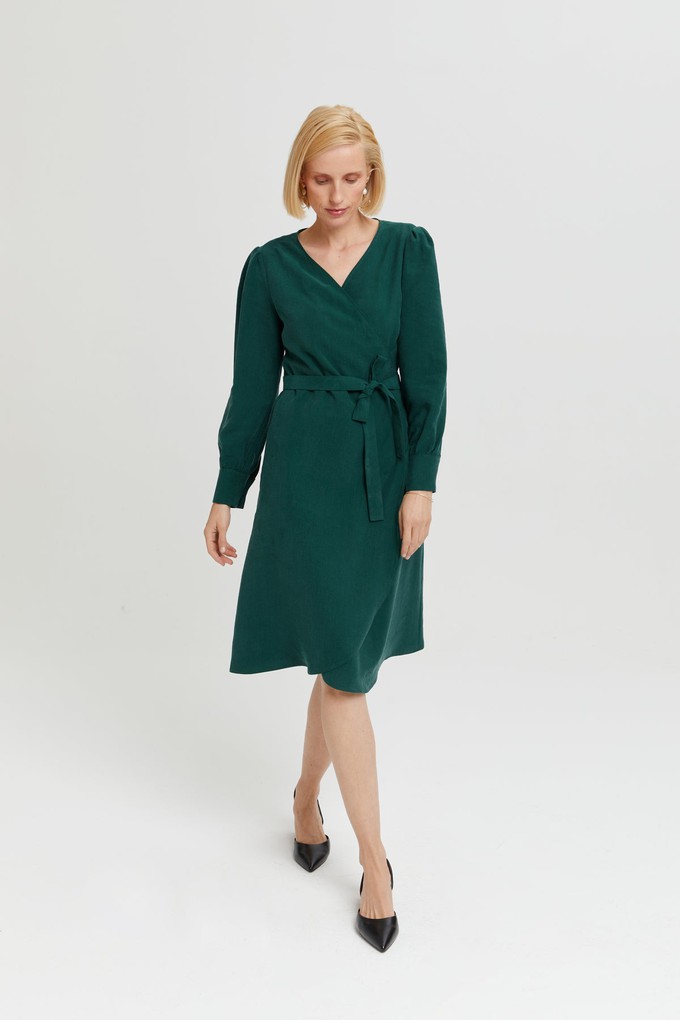 Sophie | Classy Wrap Dress with Puff Sleeves and Tie Waist in Forest Green from AYANI