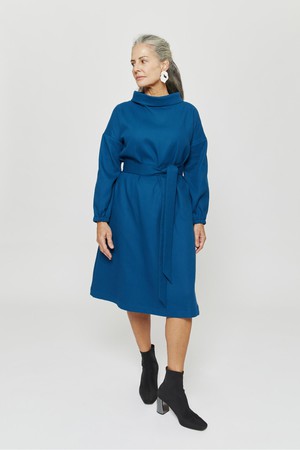 Amalia | Midi Winter Dress with High Rounded Neckline in Petrol-Blue from AYANI