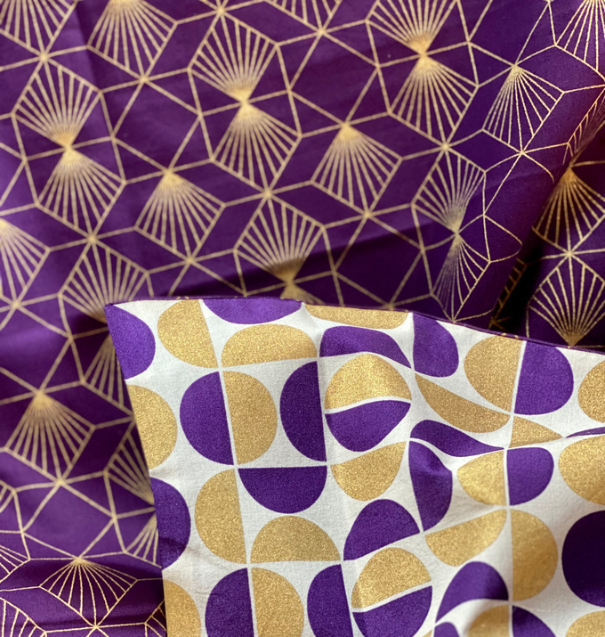 Furoshiki Gift Wrap - 9 Piece Gold Moons & Plum Diamonds Bundle Fabric Gift Wrap from FabRap