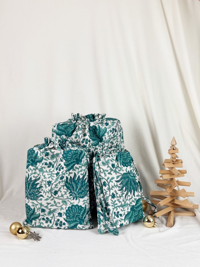 Gift Bag Set of 3 - Emerald Green Forest Block Print from FabRap