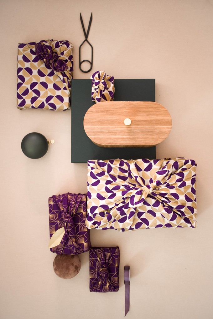 Furoshiki Gift Wrap - 9 Piece Gold Moons & Plum Diamonds Bundle Fabric Gift Wrap from FabRap