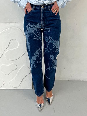 High Waisted Organic & Recycled Laser Dandelion Dark Blue Jeans from Fanfare Label